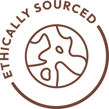 "Ethically Sourced" logo featuring a minimalist brown globe design, emphasising sustainable and responsible sourcing practices.