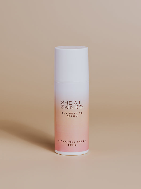 She & I Skin Co. "The Peptide Serum," 50ml, designed to promote smooth, youthful skin.